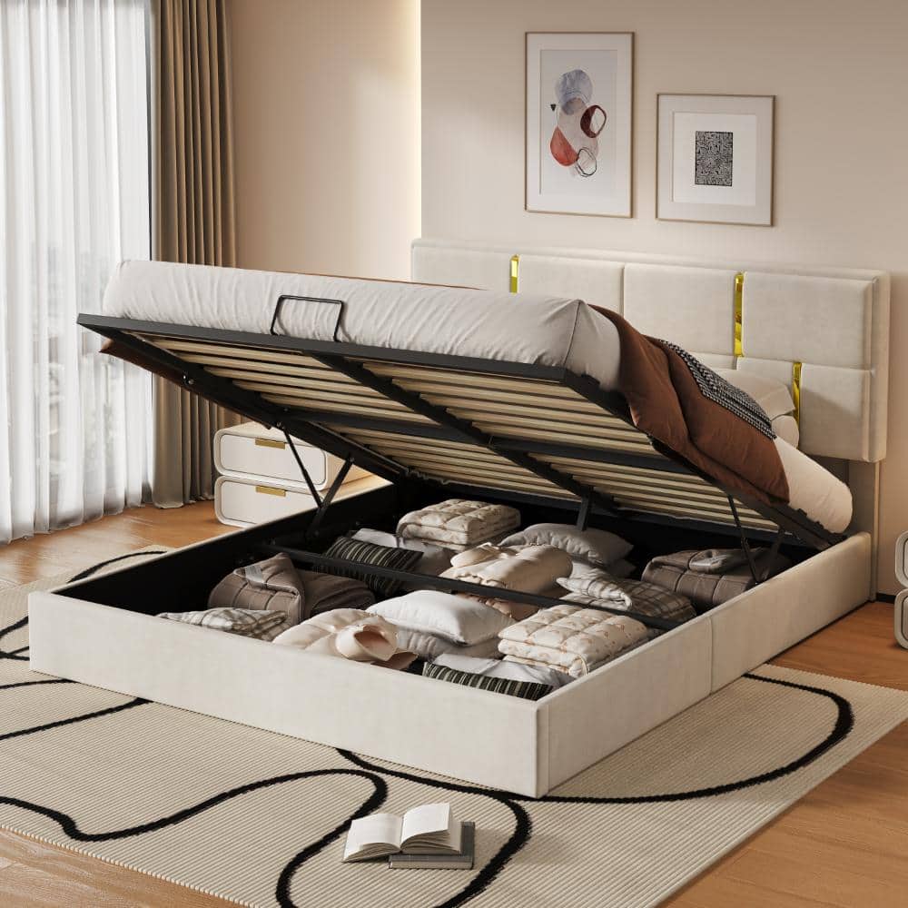 Qualler Beige Queen Velvet Upholstered Platform Bed with Hydraulic Storage System