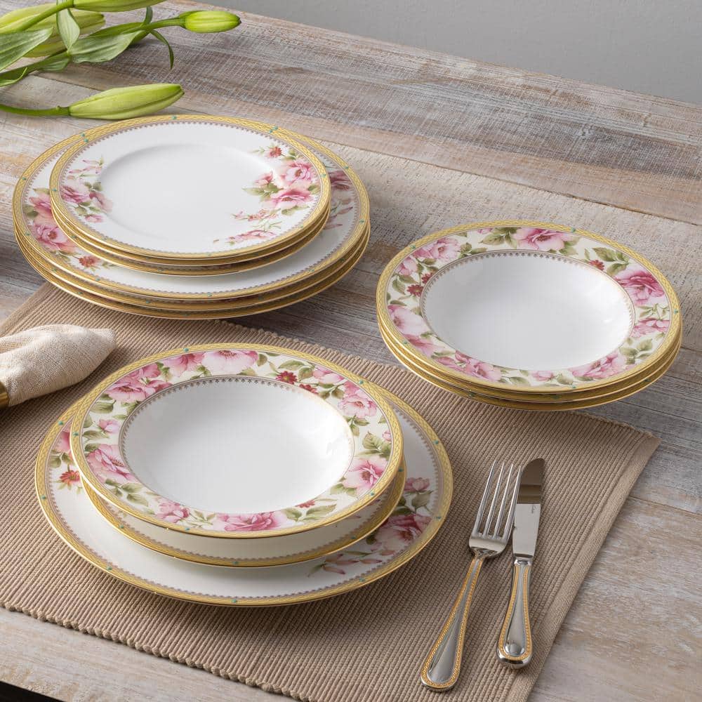 Floral Gold Trim Porcelain Entree Plates, Set of 4