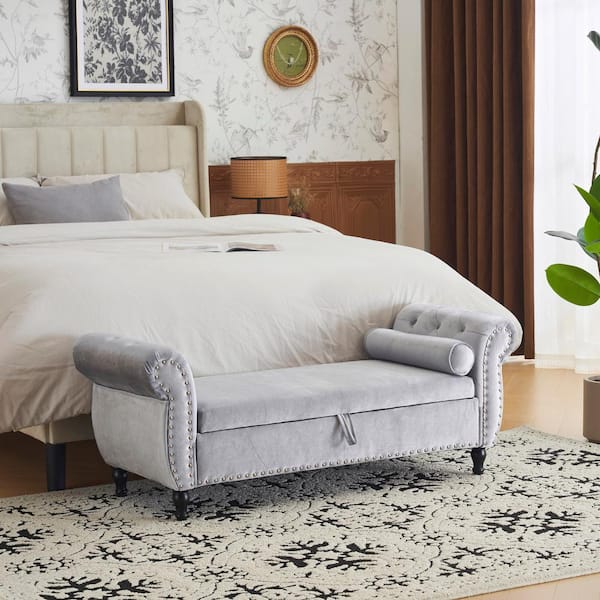 Noble House Gray Velvet Storage Ottoman Bench with Pillow