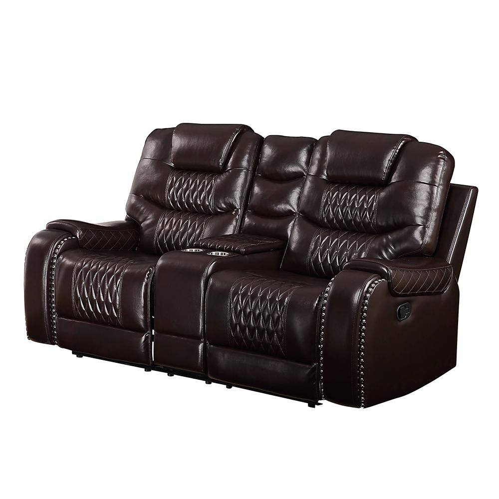 78" Brown Tufted Faux Leather Loveseat with Cup Holders