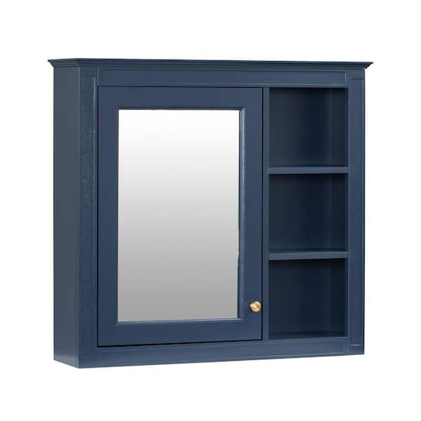 29.92 in. W x 28.00 in. H Modern Rectangular Wood Medicine Cabinet with Mirror and 3 Open Shelves-Blue