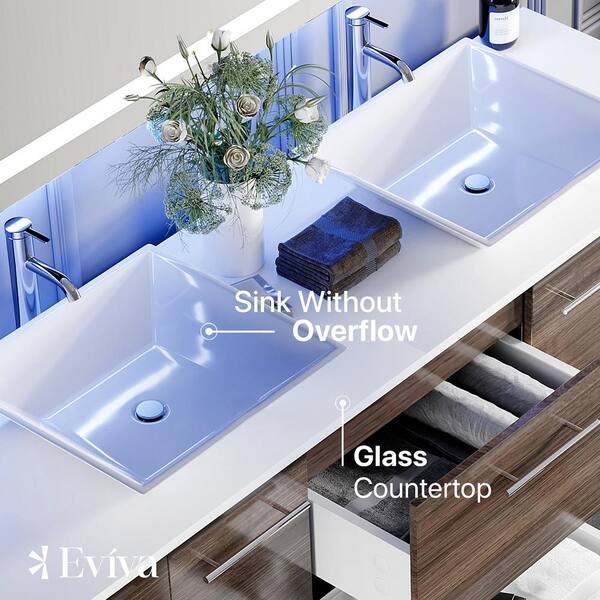 Eviva Lux 60 in. W x 21 in. D x 26 in. H Floating Bath Vanity in Gray Oak with White Tempered Glass Top