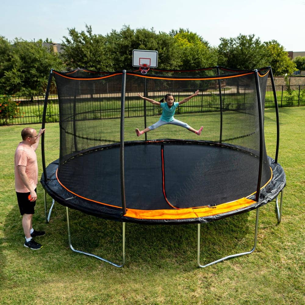 15' Black Round Trampoline with Enclosure and Basketball Hoop