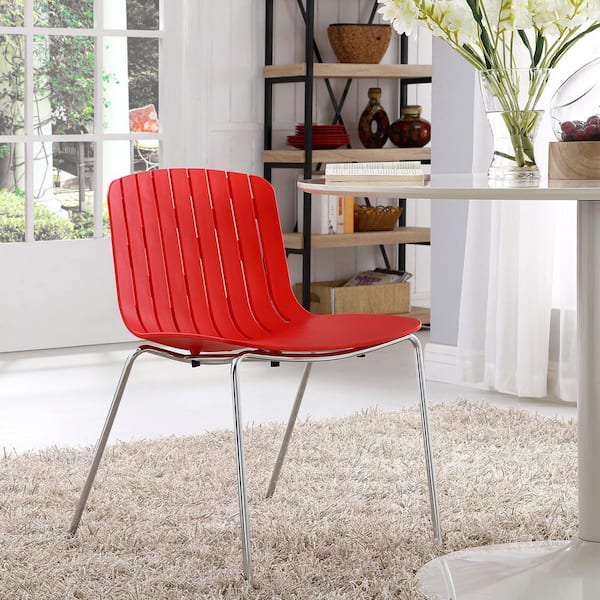 MODWAY Trace Modern Molded Plastic Dining Side Chair in Red with Chrome Metal Legs
