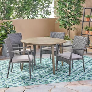 Haley Gray 5-Piece Wood and Faux Rattan Outdoor Dining Set with Gray Cushions