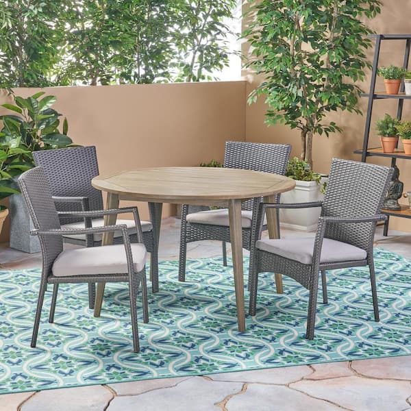 Noble House Haley Gray 5-Piece Wood and Faux Rattan Outdoor Dining Set with Gray Cushions