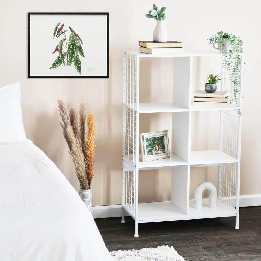 Scandinavian White 6-Cube Storage Shelf with Metal Mesh Sides