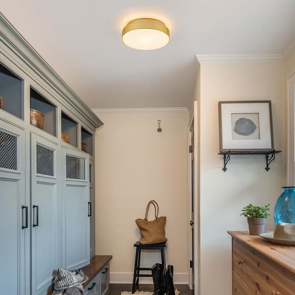 11.8 in. 1-Light Drum Brushed Gold Color Selectable LED Flush Mount Ceiling Light for Bedroom Foyer Kitchen