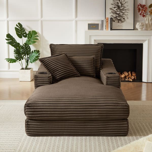Compression Brown Cotton Twin Size Sofa Bed, Lounge Chair with Double-Layer Cushion, Cup Holders and Side Pockets