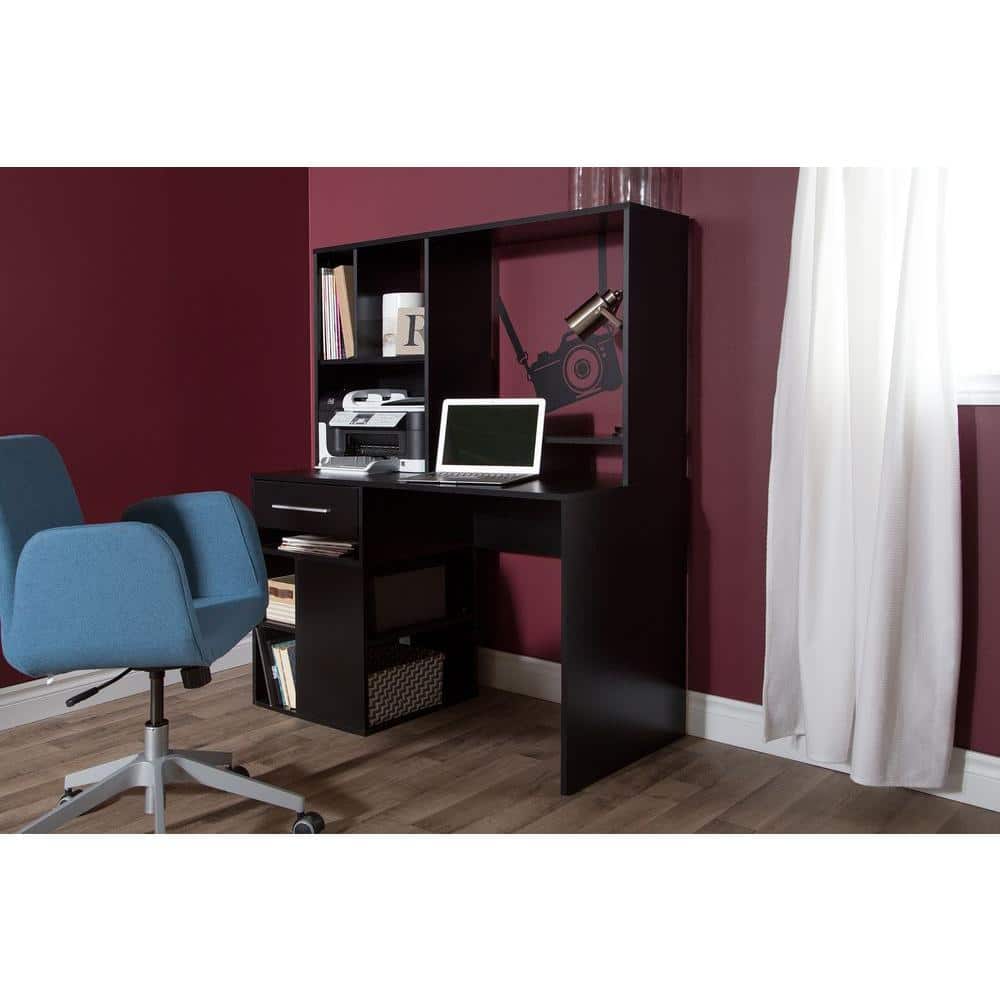 Pure Black Contemporary Home Office Desk with Hutch and USB Ports