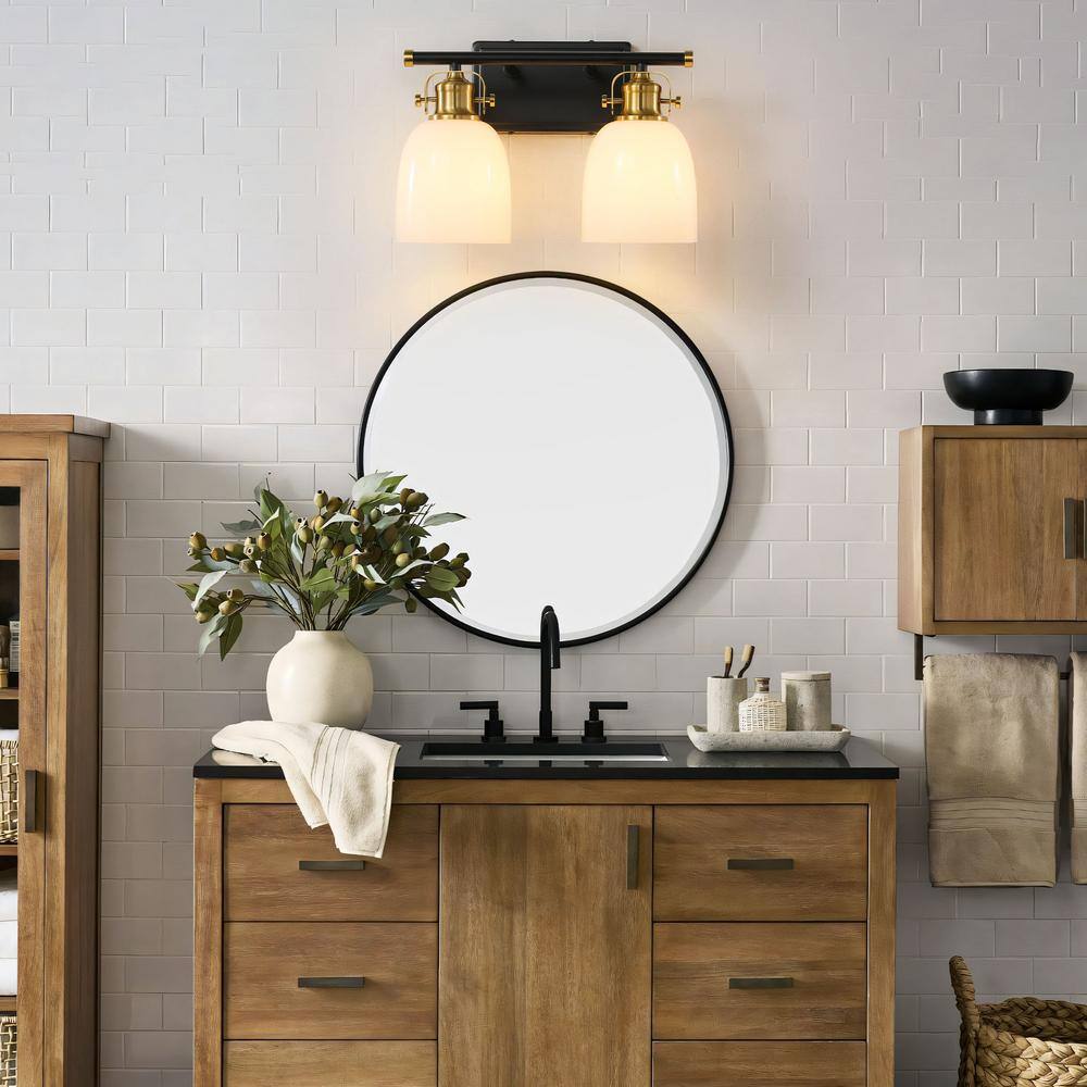 14-Inch Black and Gold Metal Vanity Light with White Glass Shades