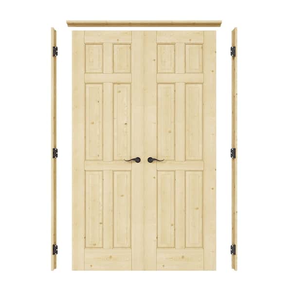 48 in. x 80 in. 6-Panel Universal Solid Core Unfinished Pine Wood Double Prehung Interior Door with Quick Assemble Jamb
