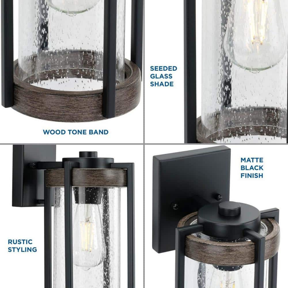 Matte Black and Wood Outdoor Wall Lantern with Seeded Glass