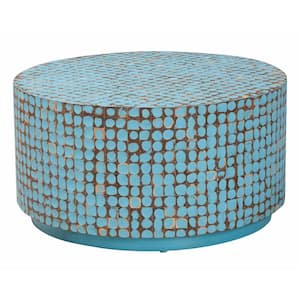 Kaloni 30.7 in. Sky Blue Round Coconut Shell Coffee Table