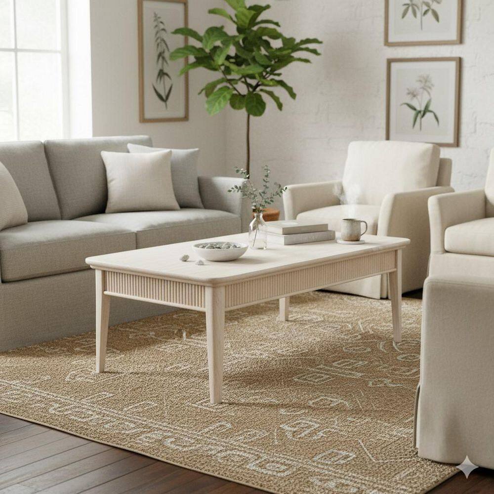 Haven 52 in. Unfinished Rectangular Solid Wood Coffee Table with Fluted Edge