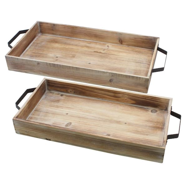 Stonebriar Collection Brown Wood Serving Tray Set with Metal Handles (Set of 2)