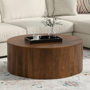 Millbury 36 in. Walnut Brown Wide Round Contemporary Solid Mango Wood Drum Coffee Table, Fully Assembled