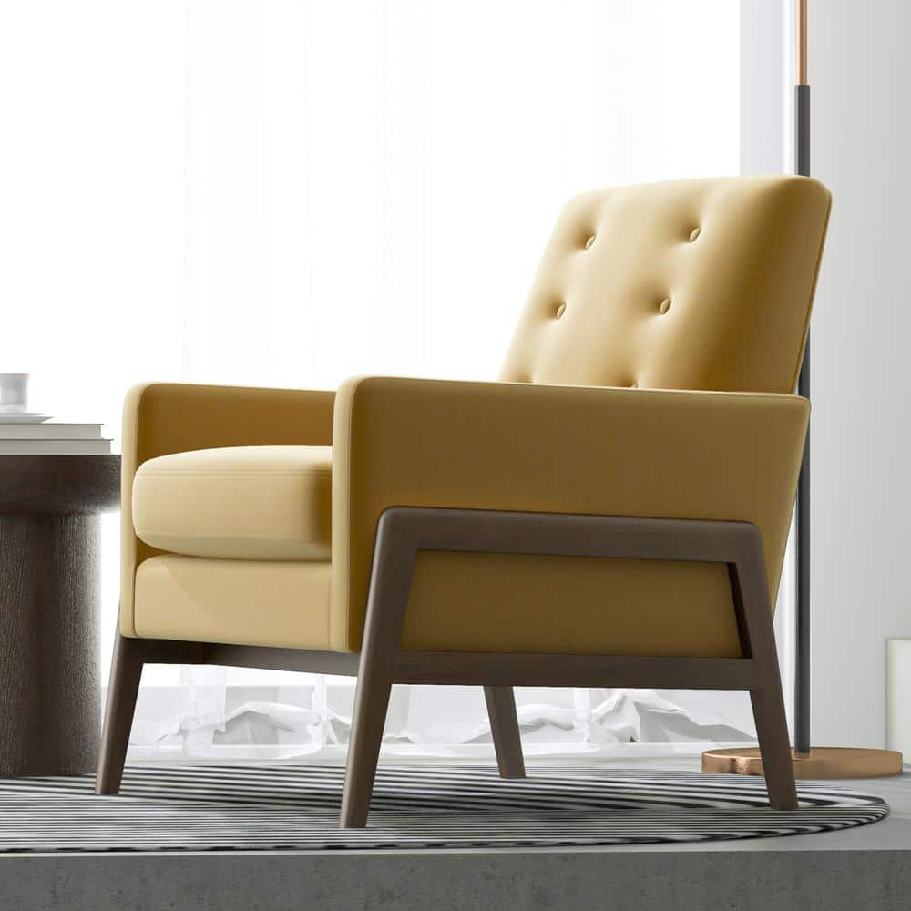 Steven Mid-Century Yellow Velvet and Wood Accent Armchair