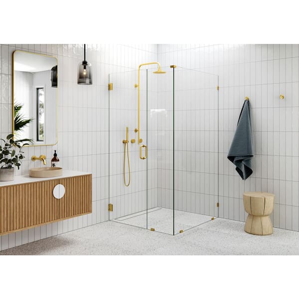 Glass Warehouse 42 in. W x 38.5 in. D x 78 in. H Pivot Frameless Corner Shower Enclosure in Satin Brass Finish with Clear Glass