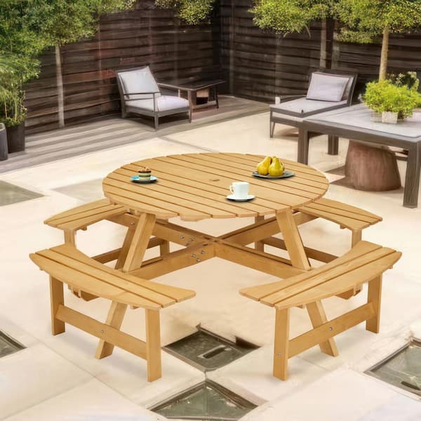 Unbranded 70.08 in. Natural Wood Round Picnic Tables Seats 8 People with Umbrella Hole and 4 Built-in Benches