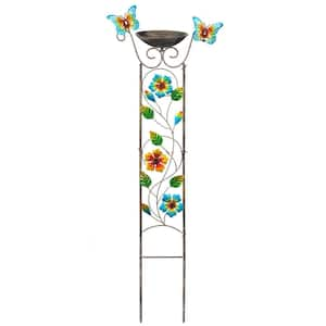 Elegant 40 in. Metal Floral and Butterfly Antique Garden Trellis with Detacheable Bird Bath Bowl