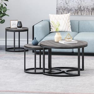 Gerrish 18 in. Grey and Pewter Wood Round 3-Piece Coffee Table Set
