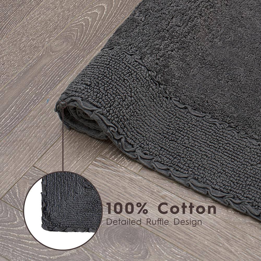 Dark Gray Cotton Ruffle Border Machine Washable Bath Mat Set
