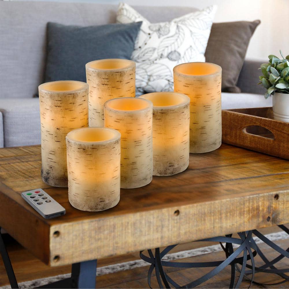 Rustic Cream Faux Birch Bark Flameless LED Candles Set of 6