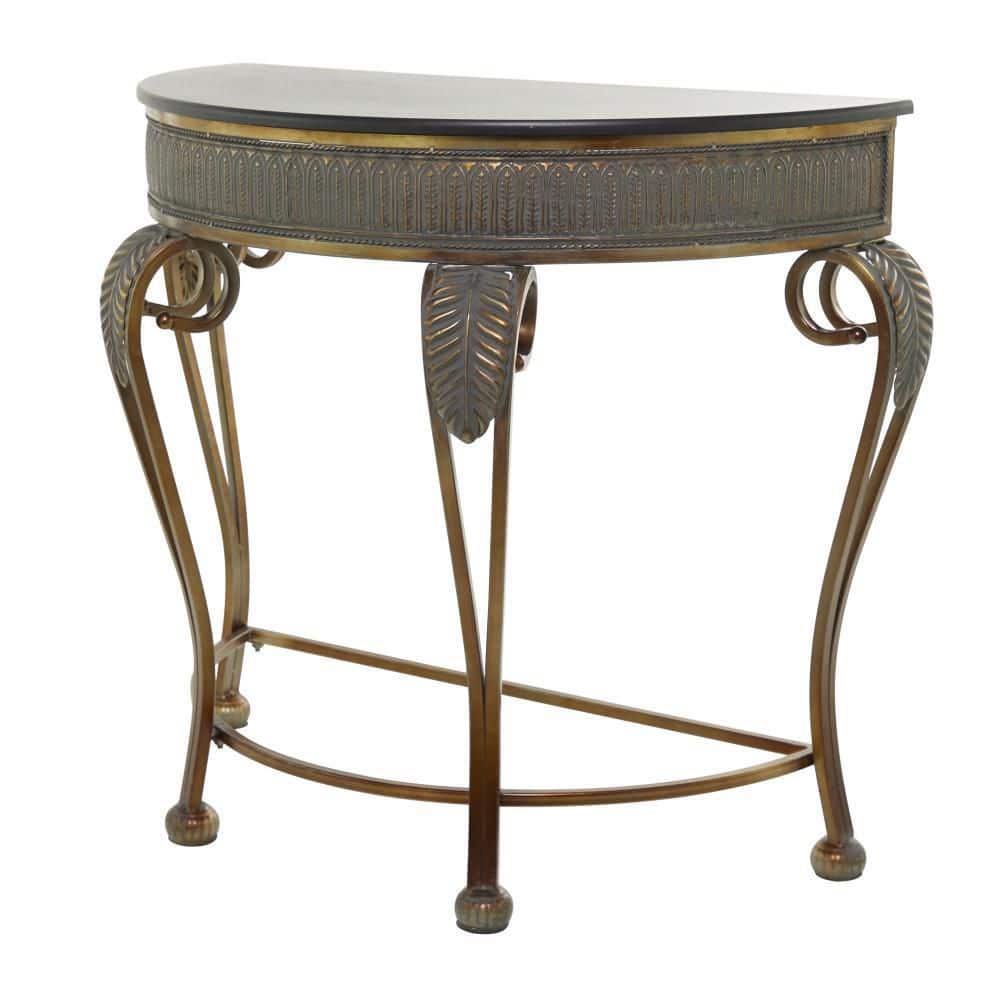 Gold Metal Demilune Console Table with Ornate Scroll Legs