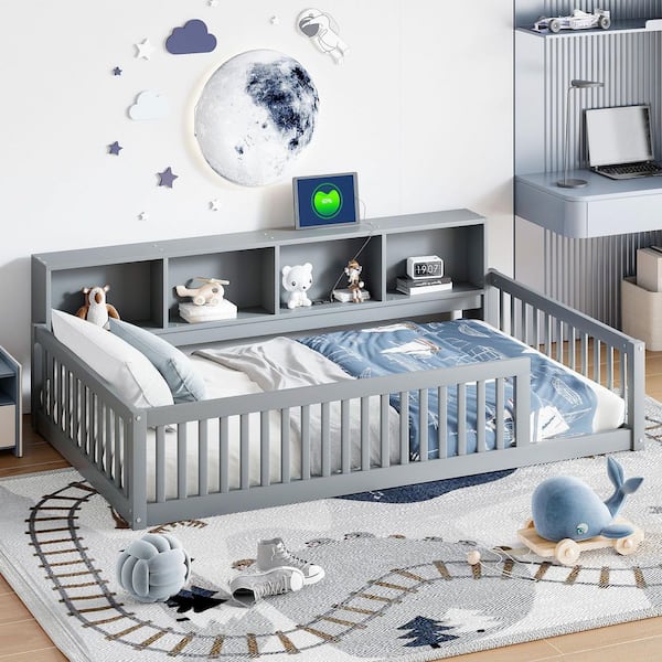 Tiffany Gray Twin XL Size Floor Platform Bed, Kids Bed with USB Ports, Storage Cabinets, Guardrail, Shelves