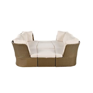5-Piece Brown Wicker Outdoor Curved Day Bed with Beige Thick Cushions