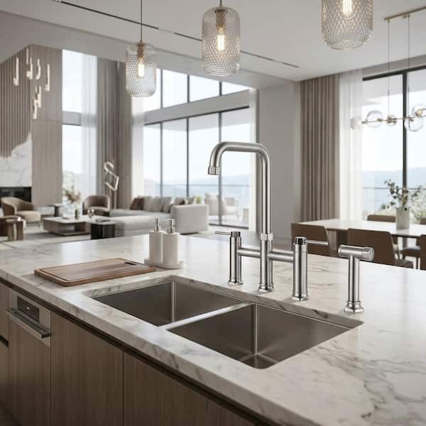 Double Handle Bridge Kitchen Faucet with Pull Out Side Sprayer in Brushed Nickel