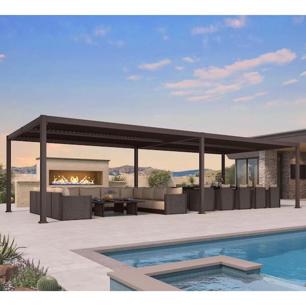 13.1 ft. x 29.9 ft. Bronze Aluminum Outdoor Louvered Pergola with 4-Individual Adjustable Roofs and In-Built Gutter