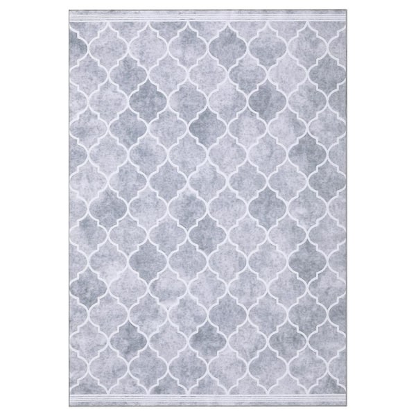 Vintage Gray, 10 ft. x 13 ft. Grid Printed Rug Low Pile Non-Slip Carpet Washable Home Decor Area Rug