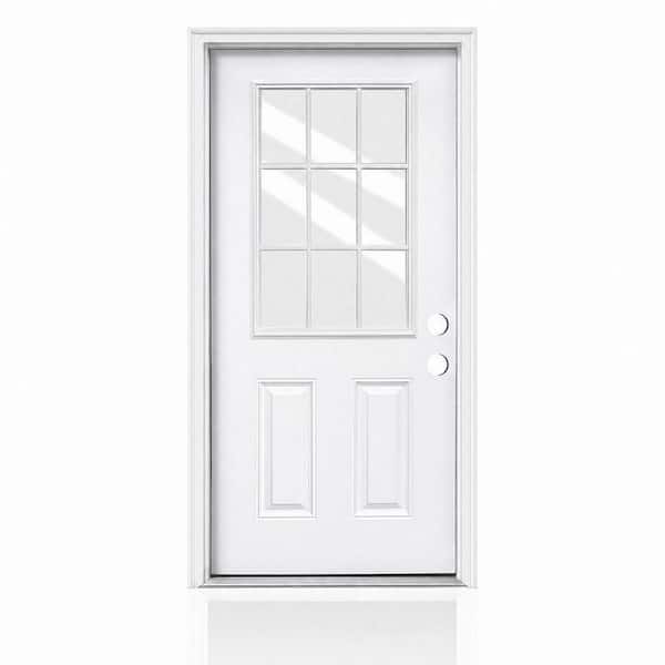 36 in. x 80 in. Left-Hand 9 Lite Clear Glass White Modern Prehung Exterior Fiberglass Front Door with Brickmould