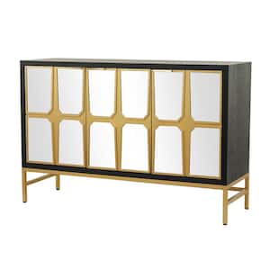48 in. W Black Wood 1 Shelf and 3 Doors Cabinet with Mirrored Front