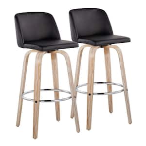 Toriano 29.5 in. Black Faux Leather, White Washed Wood and Chrome Metal Fixed-Height Bar Stool (Set of 2)