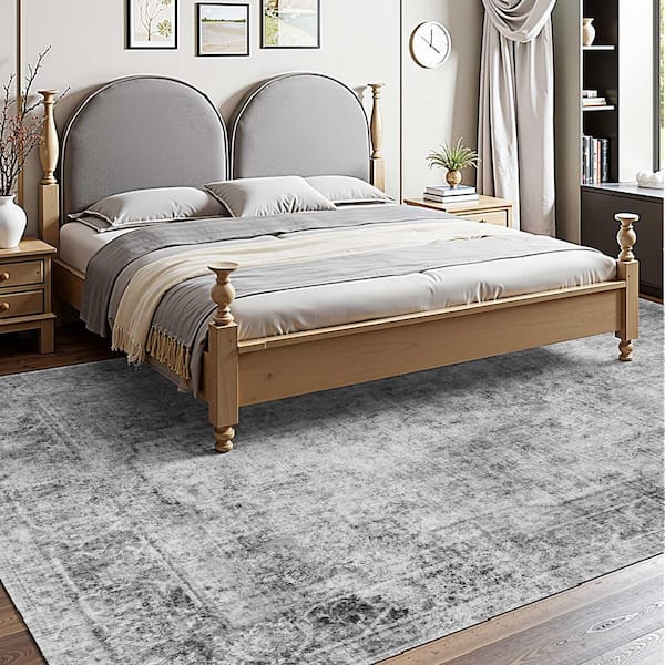 Gray Area Rug, 9 x 12 ft. Washable Boho Rug, Non-Slip Tear-Resistant Soft Carpet, Pet-Friendly Indoor Rug, 2025 Update