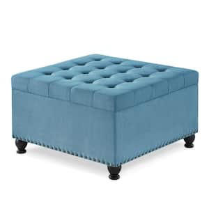 Large Square Storage Table with Wood Legs, Upholstered Tufted Coffee Table with Nail Trims for Living Room-Light Blue