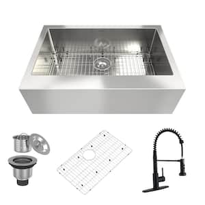 33 in. Farmhouse Apron-Front Single Bowl 18-Gauge Stainless Steel Kitchen Sink with Faucet, Bottom Grid, Strainer Basket