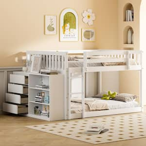 White Full over Full Wood Frame Bunk Bed with Cabinet Including 4 Drawers and 3 Shelves, Built-in Ladder