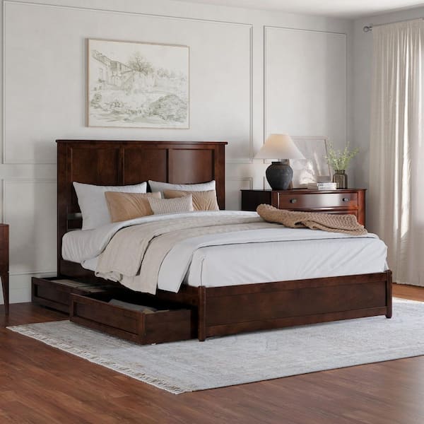Felicity Walnut Brown Solid Wood Frame Queen Platform Bed with Panel Footboard and Storage Drawers