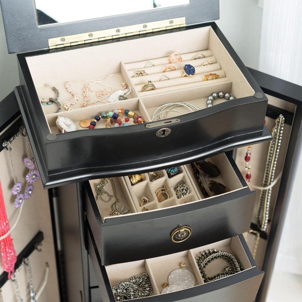 Black Modern 7-Drawer Jewelry Armoire with Mirror