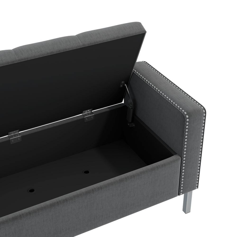 Charcoal Gray Velvet Tufted Storage Ottoman with Square Arms and Pewter Nailhead Trim