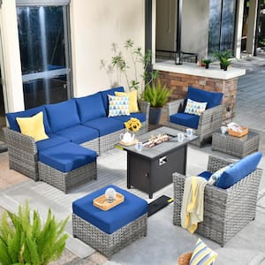 Eufaula Gray 10-Piece Wicker Modern Outdoor Patio Conversation Sofa Set with a Steel Fire Pit and Navy Blue Cushions