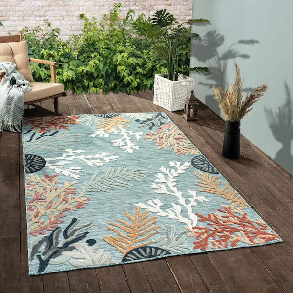 Venona Coastal Blue 7 ft. 9 in. x 9 ft. 9 in. Coral Reef Hi-Low Polypropylene Indoor/Outdoor Area Rug