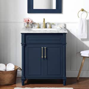 Aberdeen 30 in. x 22 in. D x 34.5 in. H Bath Vanity in Midnight Blue with White Carrara Marble Top