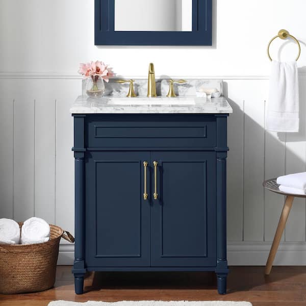 Home Decorators Collection Aberdeen 30 in. Single Sink Freestanding Midnight Blue Bath Vanity with Carrara Marble Top (Assembled)