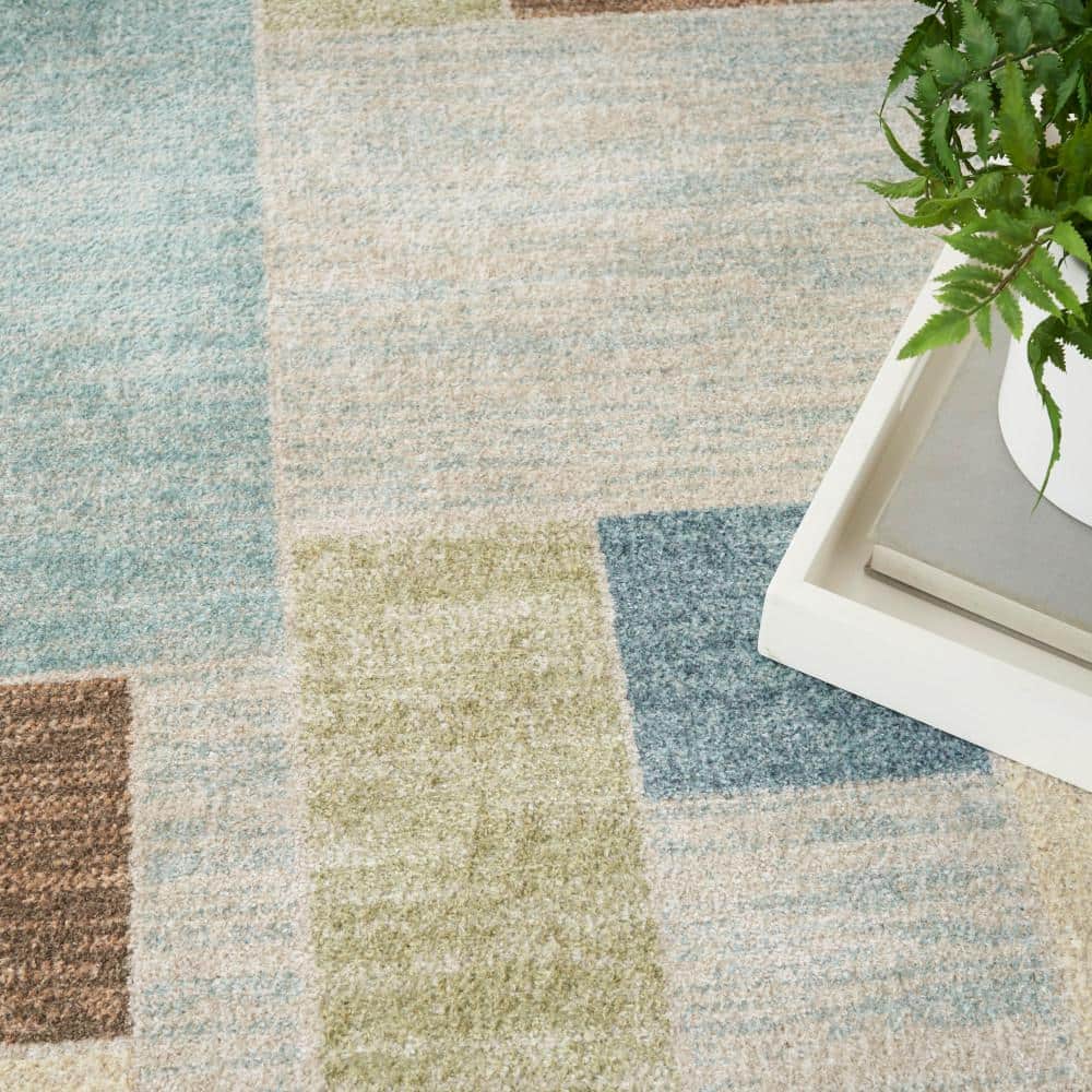 Blue Green Multi Rectangular Washable Synthetic Rug