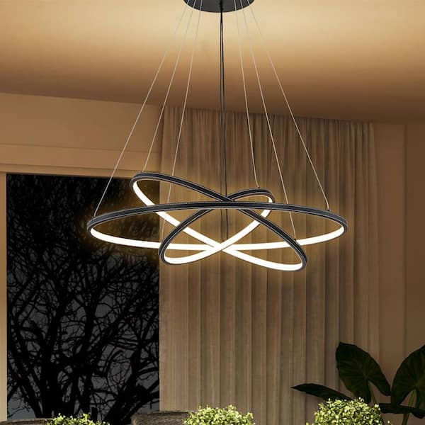 C Cattleya 3-Light Dimmable Integrated LED Black Tiered Ring Chandelier with Leather Accent
